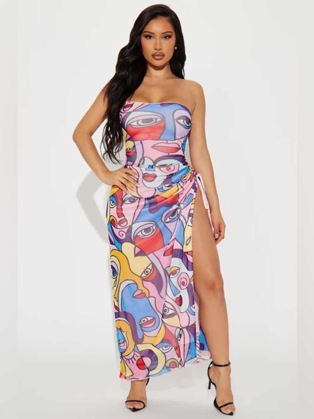 Abstract Multi-Color Strapless Maxi Dress with Side Slit